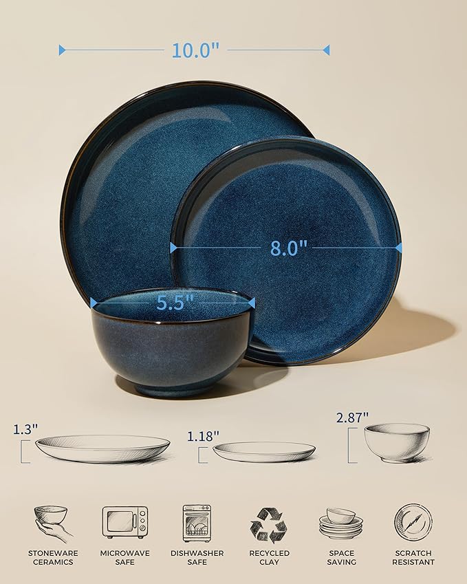 Stoneware Dinnerware Sets for 6, 18 Pieces Ceramic Plates and Bowls Sets, Chip and Scratch Resistant Dish Set, Dishwasher & Microwave Safe Plate Set, Starry Blue