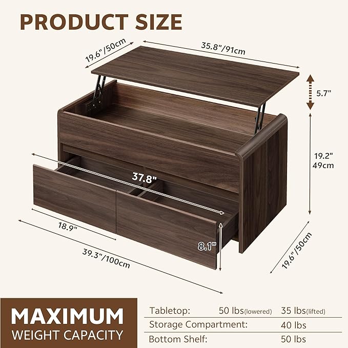 Coffee Table Lift Top, 40 Inch Multi-Function Coffee Table with 2 Drawers, Hidden Compartment, Curved Profile Design, Converts to Home Office Table, Dining Table for Living Room, Walnut