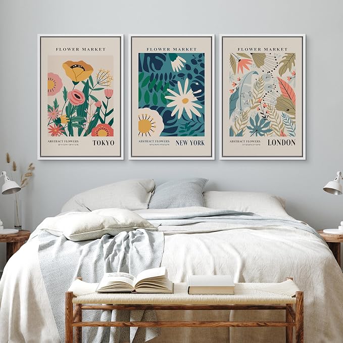 wall26 Framed Canvas Print Wall Art Set Colorful Flower Market Exhibition Prints Nature Wilderness Illustrations Modern Art Decorative Floral Botanical Minimal Calm for Bedroom - 16"x24"x3 White