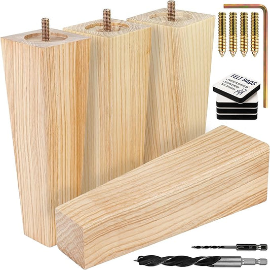 Airy Abode Premium Ash Wood Square Furniture Legs (Full Install Kit) - Pick Your Size and Color