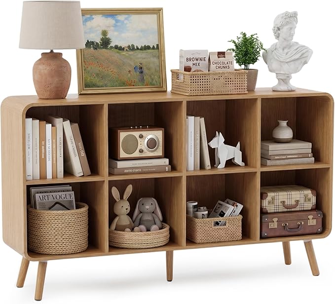 YOSHOOT 8 Cube Bookshelf - 46.5" Wood Cube Bookcase with Legs, Open Cubby Bookshelves with Curved Profile Design for Bedroom, Living Room,Home Office, Nature