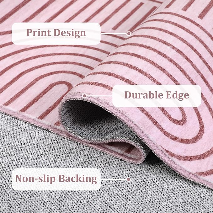 Washable Rug 8x10 Area Rugs for Living Room, Abstract Rug for Bedroom, Soft Rainbow Non Slip Throw Rugs with Rubber Back, Low Pile Stain Resistant Boho Geometric Carpet for Dining Room, Pink