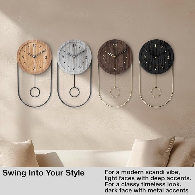 Driini Decorative Wall Clock with Pendulum (Oak) – Modern Wood, 3D Gold Numbers, Metal Frame – Small, Unique Wall Clocks for Living Room Decor or Bathroom - Battery Operated, Silent, Non-Ticking