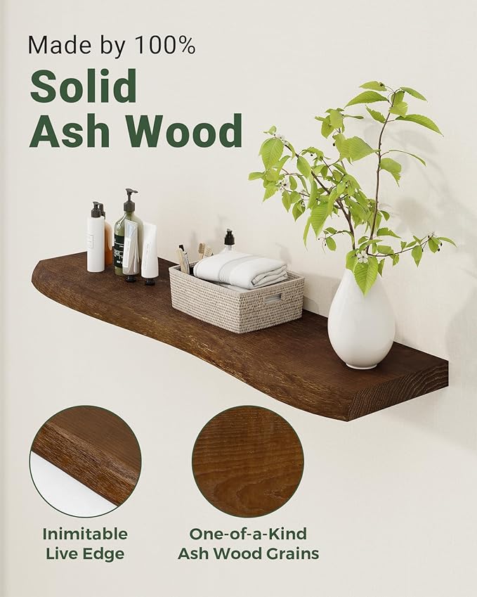 Axeman 24" Solid Wood Floating Shelves for Wall Decor, USA-Sourced Rustic Ash Wood Live Edge Shelf with Upgraded Heavy Invisible Bracket, Wall Mounted Shelf for Kitchen Bathroom Living Room, Walnut