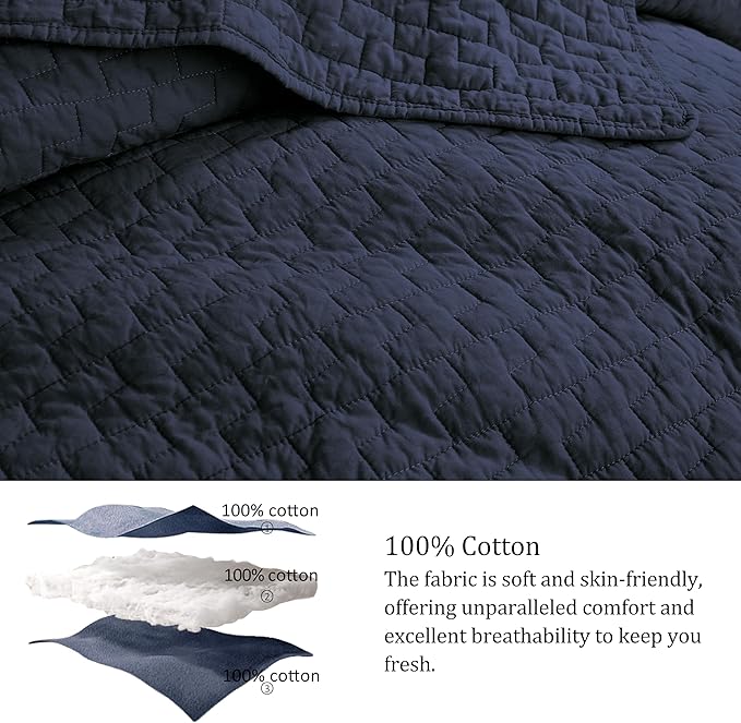 palassio Navy Blue 100% Cotton Quilt Queen Size Bedding Sets with 2 Pillow Shams, Textured Lightweight Soft Bedspread Shabby Chic Coverlet, Quilted Comforter Bed Cover for All Season, 3 Pieces