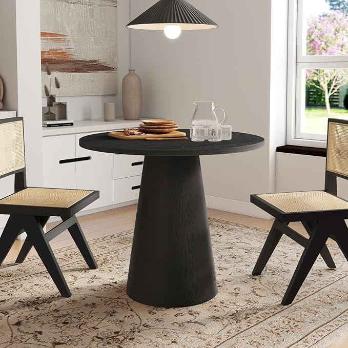 Round Dining Table Wood for 2-4, Modern Farmhouse Kitchen Table, 35'' Small Circle Dining Tables with Pedastal for Kitchen Living Room (Black)