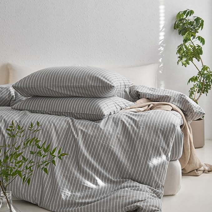 MooMee Striped Duvet Cover Set 100% Washed Cotton Linen Like Textured Breathable Durable Soft Comfy (Light Grey White Wide Stripes, Super King Plus 120"x120")