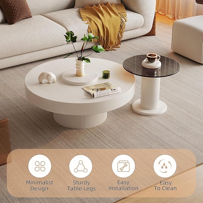Guyii Round Nested Coffee Table Set, Creamy White Coffee Table and Tempered Glass Side Table Set, 2 in 1 Modern Nesting Coffee Table, End Table for Living Room, Bedroom, Small Spaces