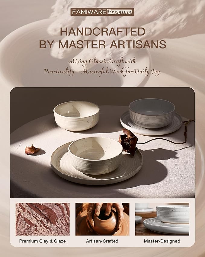 Stoneware Dinnerware Set, Highly Chip and Scratch Resistant Everyday Plates and Bowls for 8 (24pcs), Reactive Glaze Speckled Ceramic Flared Dishes with Gift Box, Microwave Dishwasher Safe, White