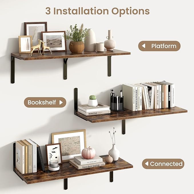 Fun Memories Rustic Brown 12 Inch Deep Floating Shelves Set of 2, Wall Mounted Shelf with Metal Brackets, Rustic Wood Wall Shelf for Bathroom, Kitchen and Living Room, Rustic Brown, 36W x 12D
