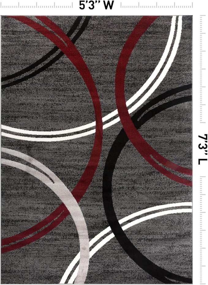 Rugshop Modern Wavy Circles Design Non-Shedding Area Rug, Carpet for Living Room, Dining Room, or Bedroom, Red, 5'3" x 7'3"