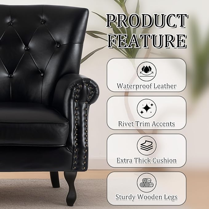 Modern Faux Leather Accent Chair, Upholstered Mid-Century Armchair with Solid Wood Legs, Single Sofa Chair for Living Room, Bedroom, or Reading Room（Black）