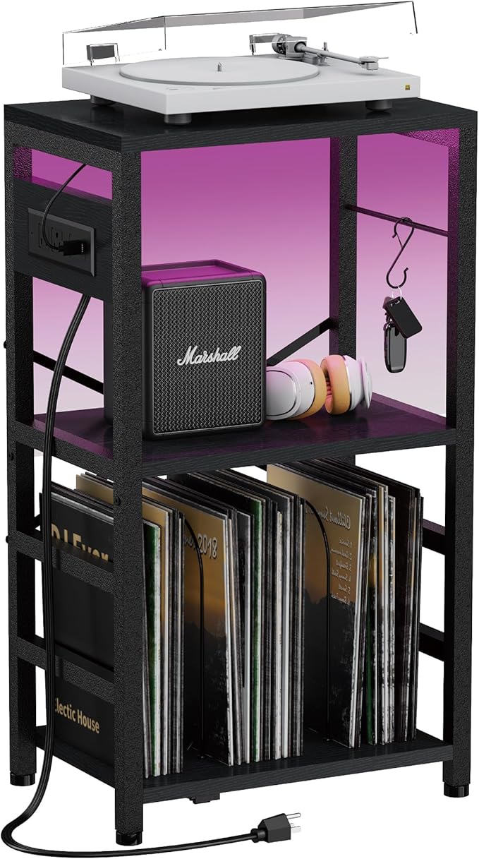 YAKANJ End Table with LED Light,Record Player Stand with Charging Station,Vinyl Records Storage,Turntable Stand Albums Storage for Music Room Studio-Industry Black