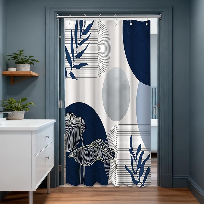 Navy Blue and White Shower Curtain Mid Century Modern Dark Blue Boho Shower Curtains for Bathroom Decor MCM Mens Cool Bath Curtain Set, Waterproof Fabric with Hooks 36 x 72 Inch