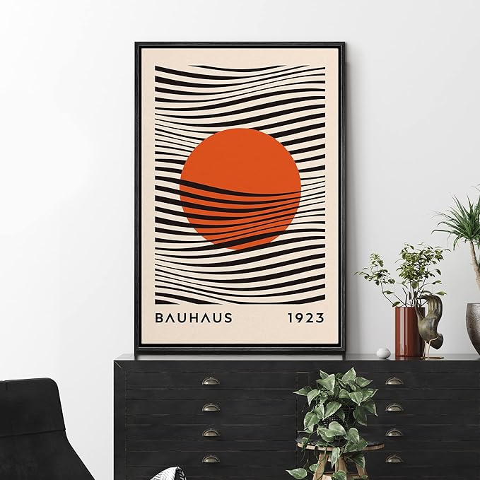 MUDECOR Framed Canvas Print Wall Art Mid-Century Bauhaus Red Sun & Black Waves Shapes Abstract Illustrations Modern Art Minimal Multicolor Relax/Calm for Living Room, Bedroom, Office - 16"x24" Black