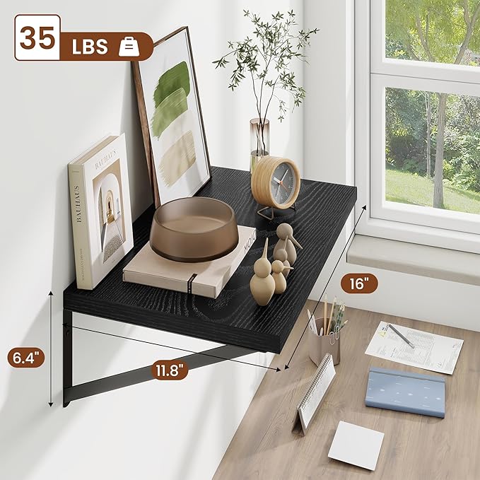 Deep Wall Shelves 16"W x 12"D Engineered Wood Floating Shelves for Wall, Sturdy Metal Bracket Bookshelves Home Decor Storage for Living Room Bedroom Bathroom Kitchen, Set of 2, Black Finish