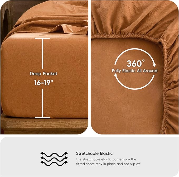 MooMee Bedding Sheet Set 100% Washed Cotton Linen Like Textured Breathable Durable Soft Comfy (Solid Burnt Orange, King)