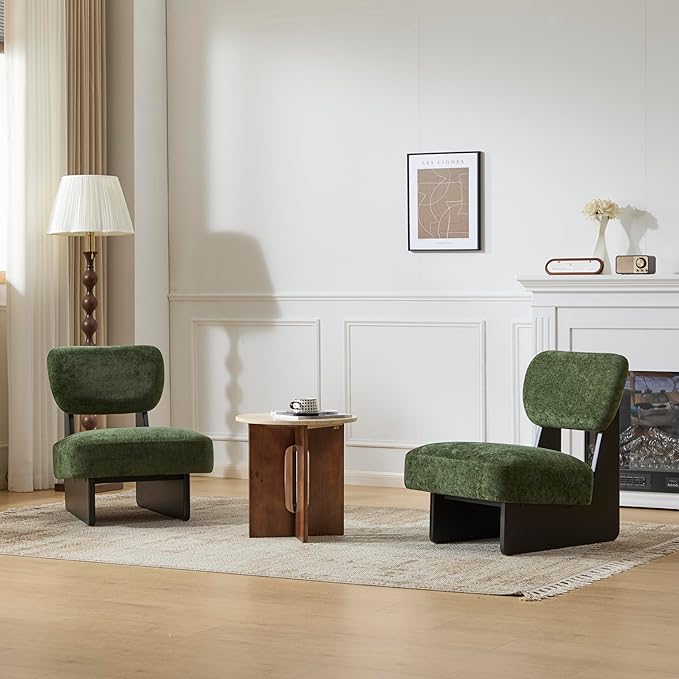 Accent Chairs Set of 2, Mid-Century Modern Chair with Polyester Upholstery, Wood Base with Walnut Finish, Minimalist and Stylish Accent Seating for Living Room, Bedroom, Balcony (Black+Green)