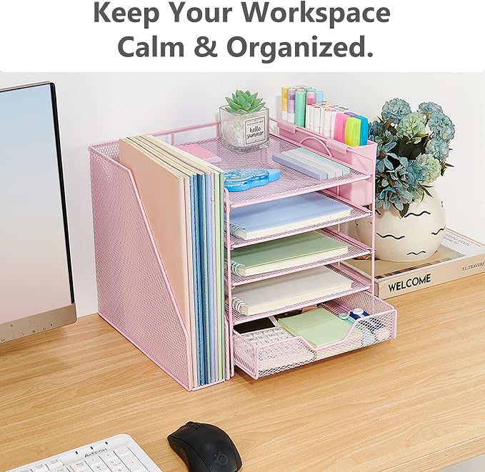 Desk Organizers and Accessories, 5-Tier Paper Letter Tray Organizer with File Holder, Drawer & Pen Holder, Office Desk Accessories, Desktop Organizer for Classroom Office Supplies, Pink