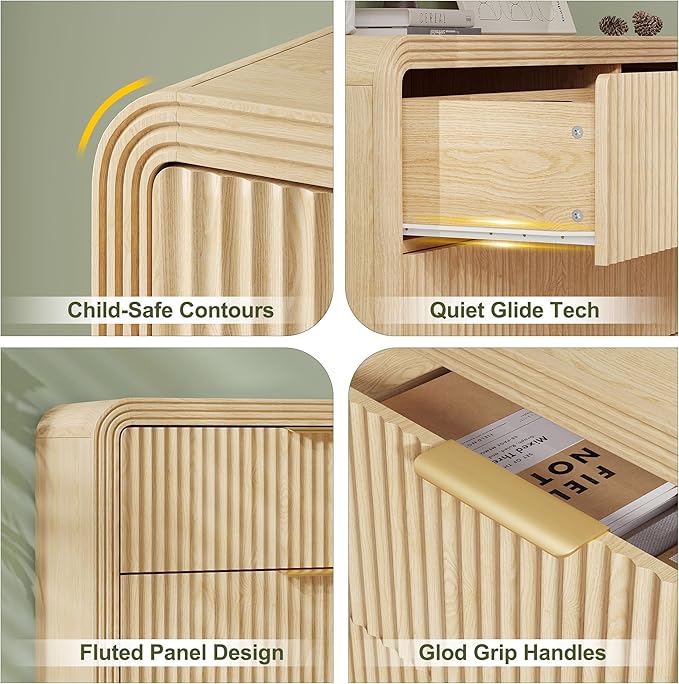 Fluted 6 Drawers Dresser for Bedroom,55'' Wide Wood Dressers with Gold Handles, Modern Dressers with Wave Texture, Large Storage Chest of Drawers, Bedroom Dresser Organizer (Natural Oak)