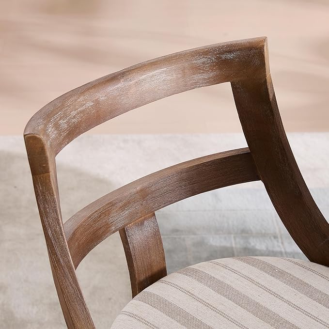 Modern Farmhouse Dining Chairs Set of 6 Mid Century Upholstered Dining Chair with Wooden Curved Back Kitchen Chairs for Dining Room Restaurant Cafe, Brown Walnut Colored-Linen Khaki Stripe