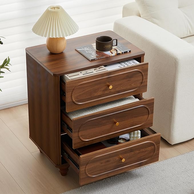 ORRD 3 Drawer Fluted Dresser for Bedroom Set of 2, Mid Century Modern Chest of Drawers, Wood Storage Small Dresser Organizer for Bedroom Living Room Hallway Closet, Walnut