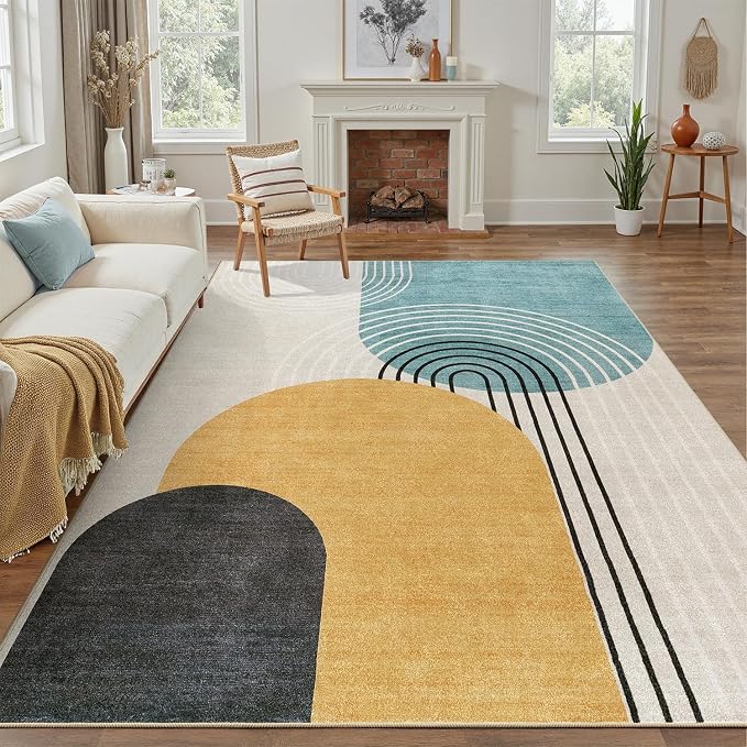 DCX Machine Washable 8x10 Area Rugs, Midcentury Modern Non Slip Stain Resistant Rug 8x10 for Living Room, Playroom, Dining Room, Soft Low Pile Large Carpet, Blue & Yellow