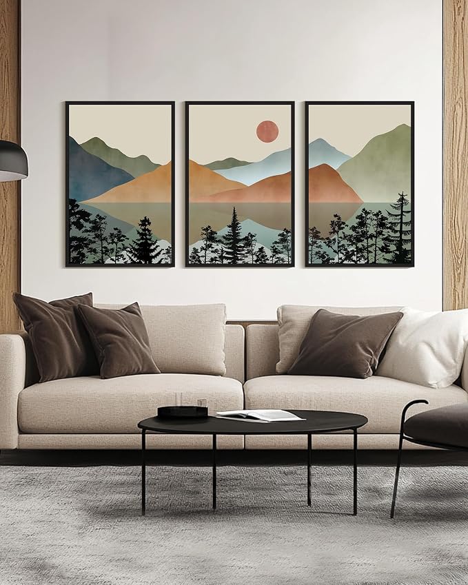 KUVIOKE Watercolor Mountain Framed Wall Art Nature Laker Landscape Painting Sun Rises Boho Farmhouse Rustic Room Decor 24x36in (Black Framed)