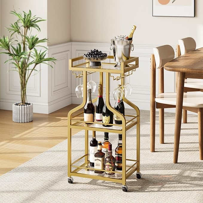Bar Cart, 3-Tier Bar Serving Rolling Cart with Wheels and Wine Glass Holders, Mobile Beverage and Wine Cart, for Kitchen, Dining Room, Gold TTC30GJ