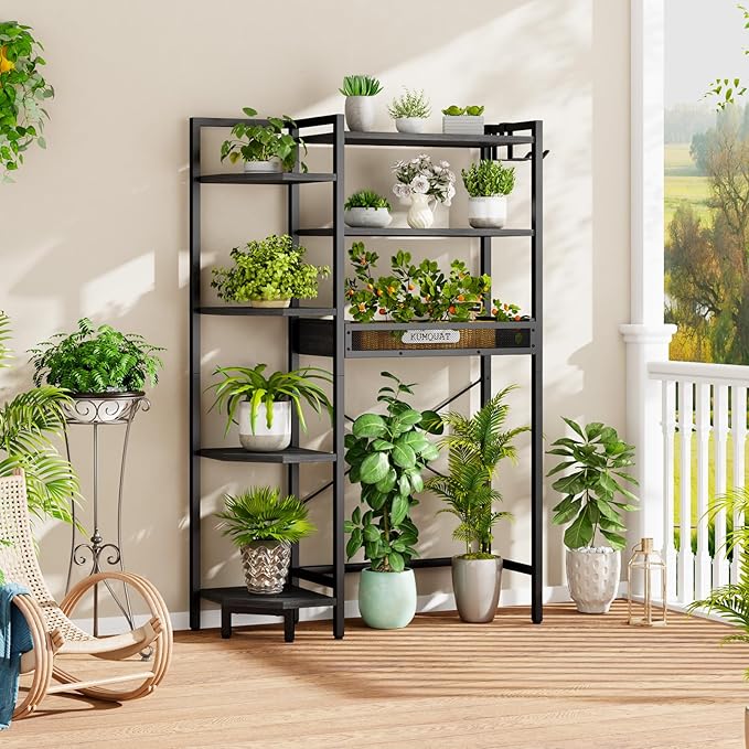 K1 Heavy Duty 7-Tier Over The Toilet Storage（with Basket and Paper Hook） Freestanding Above Toilet Shelf with Adjustable Feet，Space Saver Bathroom Shelves 9.3" D x 33.5" W x 63.8" H，Black