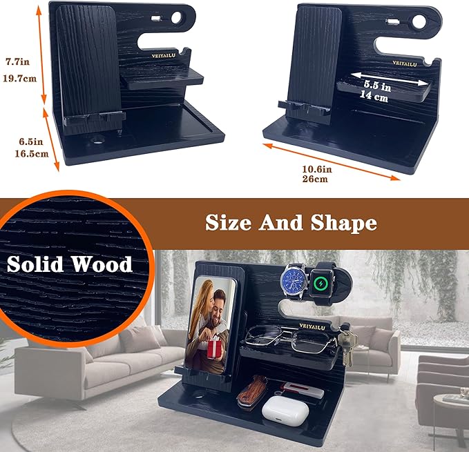 VEIYAILU Gifts for Dad Men Mom Women from Daughter Son Birthday Gifts Nightstand Organizer Mens Wood Phone Docking Station (Black)
