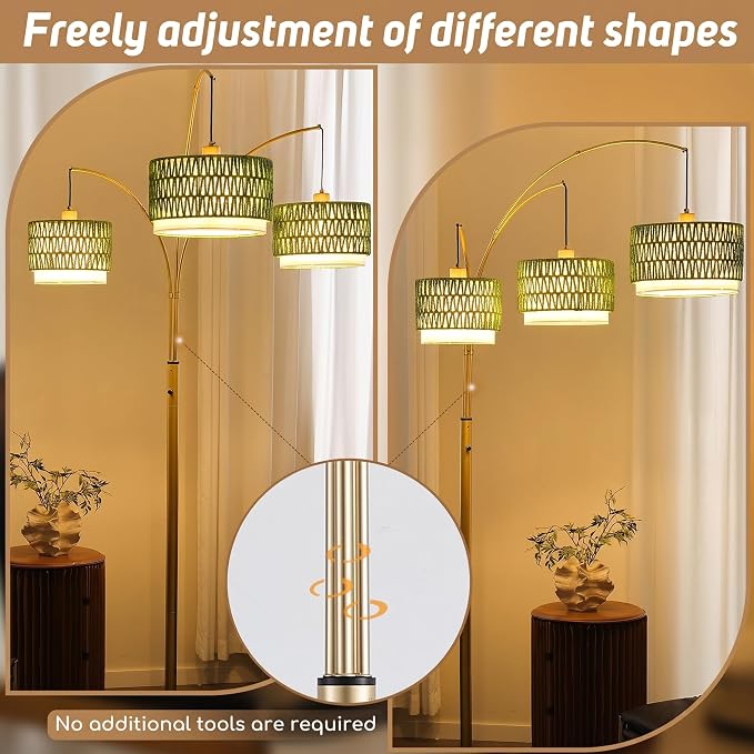 Arc Floor Lamp for Living Room, 80 Inch Gold Rattan Floor Lamp with Rotary Switch, 3 Lights Boho Tall Lamp with Green Wicker Shade for Coastal,Bohemian,Tree Farmhouse Standing Lamp