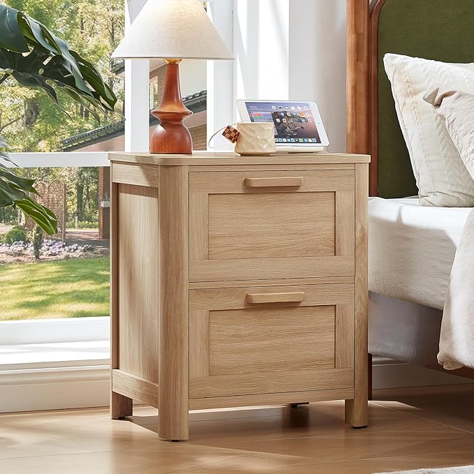 Farmhouse Nightstand Set of 2 with Charging Station, End Tables Bedroom with 2 Large Drawers & 4 Thickened Table Legs, Natural Wood