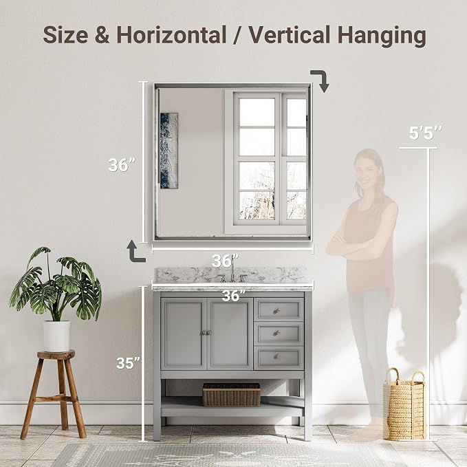 Silver Bathroom Mirror, 36x36 Inch Beveled Silver Square Mirror for Wall, Shatterproof & Rustproof Silver Framed Mirror for Bathroom, Silver Squared Bathroom Vanity Mirror Wall-Mounted