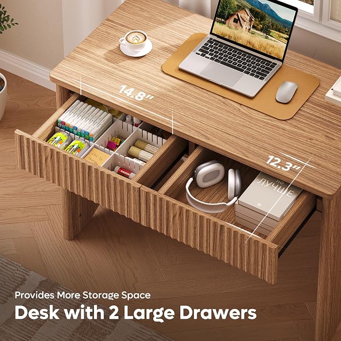 Bestier 40 Inch Fluted Wood Computer Desk with Drawers, Modern Home Office Desk, Compact Writing Desk, Laptop PC Desk for Bedroom, Studio, Study Room, Small Space & Dorm