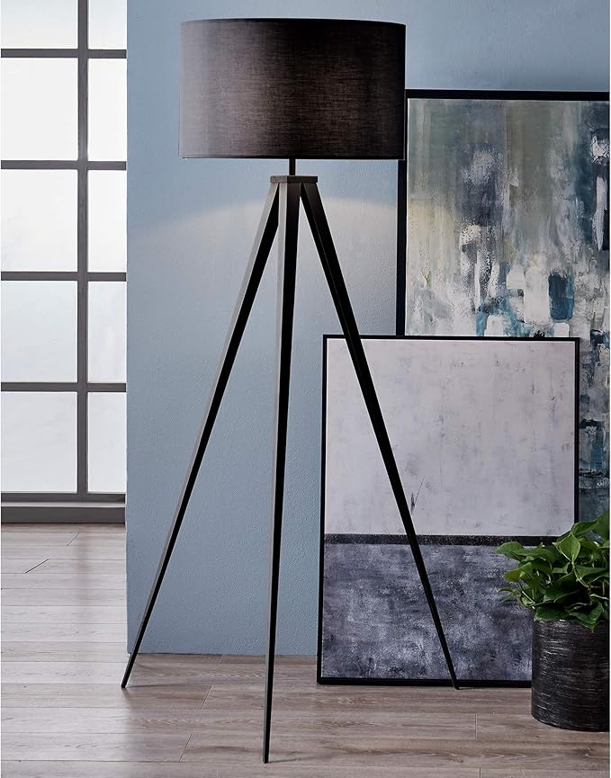 Versanora Romanza Modern LED Tripod Floor Lamp Tall Standing Light with Drum Shade Metal Legs for Living Room Study Reading Bedroom Home Office, 60 inch Height, Matte Black