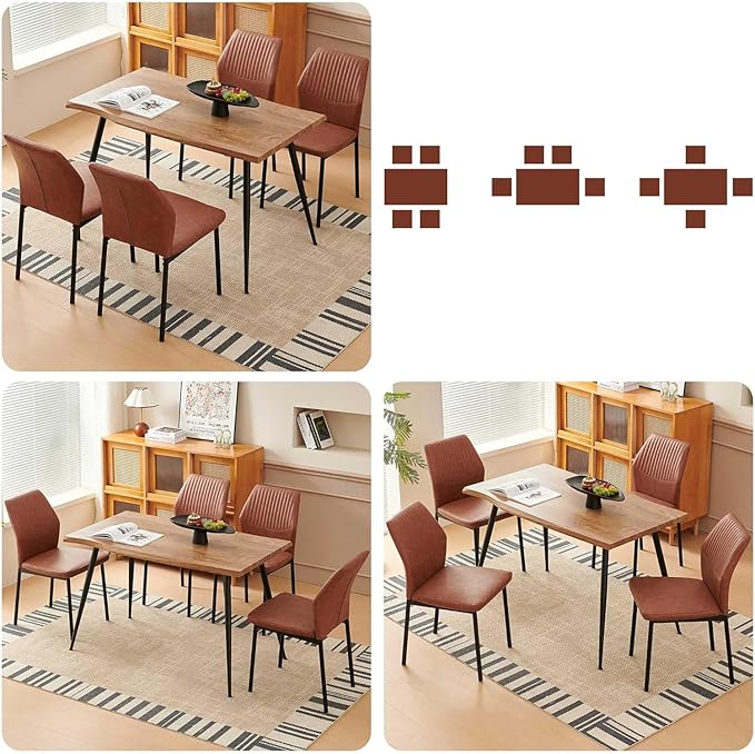 Dining Table Set for 4, Modern Wood Irregular Rectangle Dining Table,Leather Dining Chairs 4,Table and Chairs Set of 4 for Kitchen Dining Room, Brown