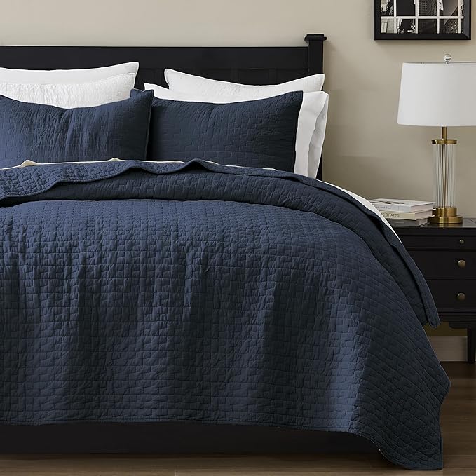 palassio Navy Blue 100% Cotton Quilt California Cal King Size Bedding Sets with 2 Pillow Shams, Oversized Lightweight Bedspread Shabby Chic Coverlet, Soft Bed Cover for All Season, 3 Pieces