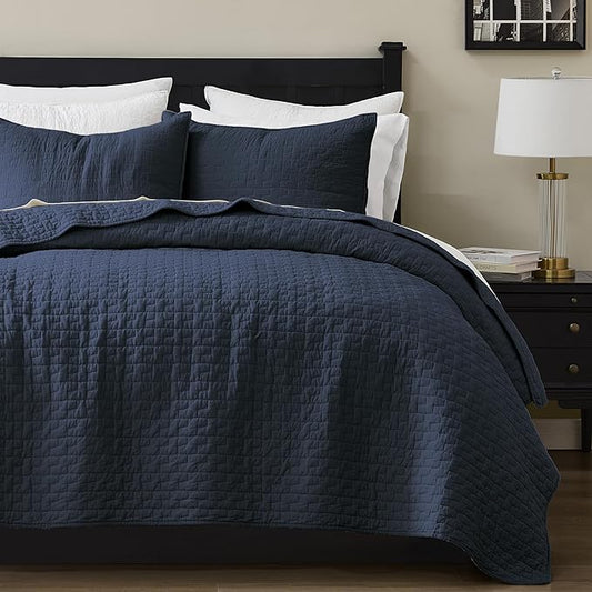 palassio Navy Blue 100% Cotton Quilt Queen Size Bedding Sets with 2 Pillow Shams, Textured Lightweight Soft Bedspread Shabby Chic Coverlet, Quilted Comforter Bed Cover for All Season, 3 Pieces