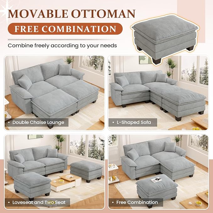 Modular Sectional Sofa Cloud Couch, Comfy Corduroy Loveseat with Ottoman Upholstered Deep Seat Sleeper Sofa Bed 2 Seater Couch Oversized Chaise Lounge Chair Indoor for Living Room Bedroom, Grey
