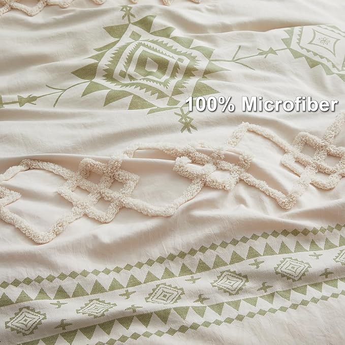 Oli Anderson Boho Duvet Cover Set Twin Size, Beige and Sage Green Color Clash 2 Pieces Microfiber Bedding Set, Durable and Super Soft Duvet Covers with Zipper and Ties, 68"*90"