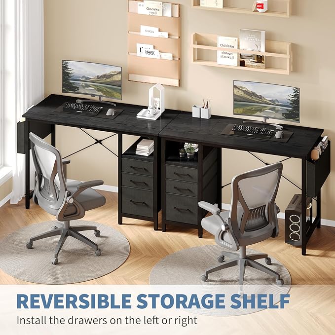 DUMOS 39" Computer Desk with Storage, Small Home Office Desk with 3 Fabric Drawers & Side Pocket, Space Saving Writing Desk for Apartment, Dorm, Gaming Workstation, Black