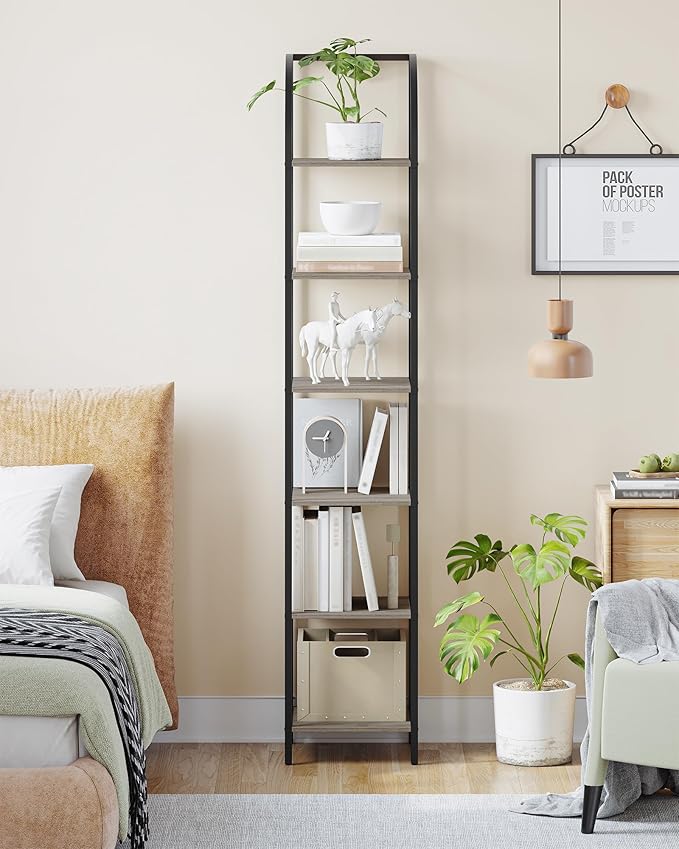 Hzuaneri Bookshelf Bookcase Narrow Bookcase Shelf Organizer with Steel Frame for Study Living Room Bedroom Kitchen Home Office Industrial Bookshelf 6-Tier Greige BC56005B