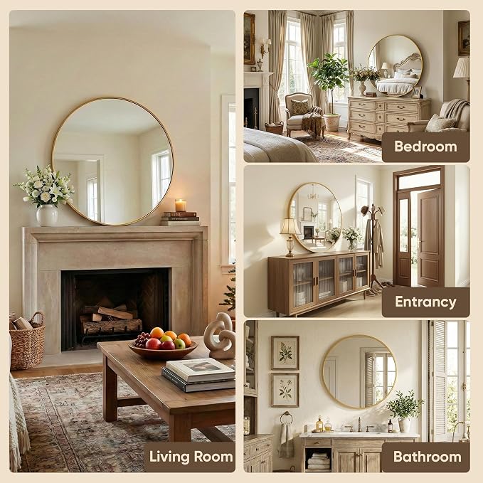 Antok 36 Inch Round Mirror for Wall, Round Bathroom Mirror, Circle Wall Mirrors with Gold Metal Frame, Circle Mirrors Suitable for Wall, Bathroom, Vanity, Living Room, Entryway
