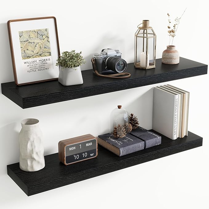 40 Inch Floating Shelves for Wall, 8 Inch Deep Floating Shelf for Storage & Display, Rustic Wall Mounted Shelf with Invisible Brackets for Living Room, Kitchen, Bathroom, Home Decor, Set of 2, Black