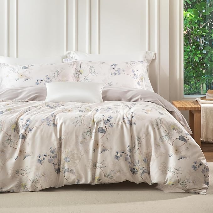 MILDLY Cal King Size Duvet Cover Set 100% Long-Staple Cotton Luxury Elegant Floral Patten Reversible Comforter Cover Set 3Pcs