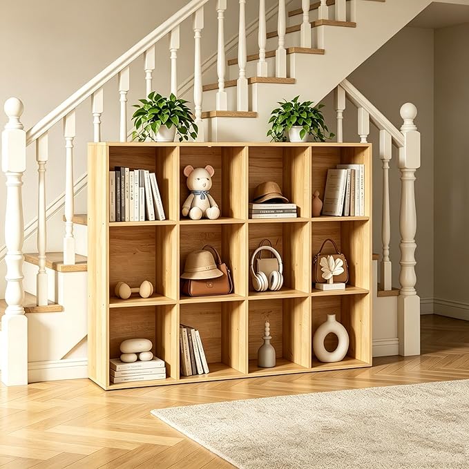 Wooden 12 Cube Storage Organizer with Closed Back Panel,Natural Oak Cube Shelf Cubby Storage Organizer with Compartments for Living,Bookshelf, Easy to Install (Oak, 12-Cube-11in)