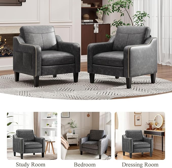 MALOL PU Leather Accent Chair, Mid-Century Modern Living Room Armchair Sofa with Removable Cushions, Solid Wood Frame & Stitched Armrest Design, Bedroom Chair with Plastic Legs, Black