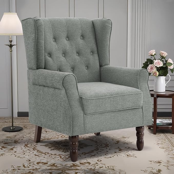 Lumibee High Back Accent Chair,Upholstered Wingback Armchair with Solid Wood Legs for Small Spaces,Comfy Single Sofa Chair for Living Room,Bedroom,Office-Gray