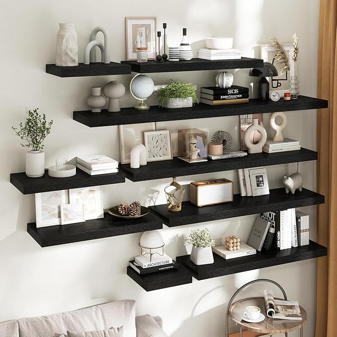 55 Inch Long Floating Shelves for Wall Set of 2, 12"D Wood Grain Bathroom Shelves with Invisible Brackets, Easy Install Engineered Wood Storage Shelves for Kitchen, Living Room, Bedroom, Black Finish